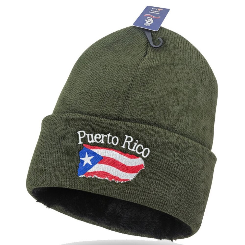 Puerto Rico Embroidered Skull Cap Beanie Winter Hat, Warm Lined, Green, NWT